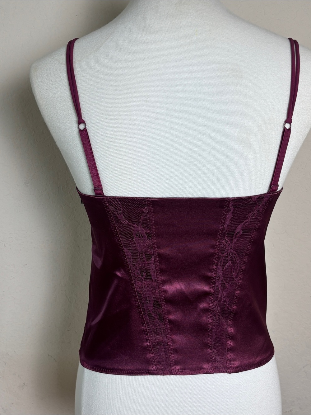 GUESS Vintage Satin Corset Bustier Top Y2K Lace Panel Detail Deep Plum Whimsy M - Picture 3 of 6